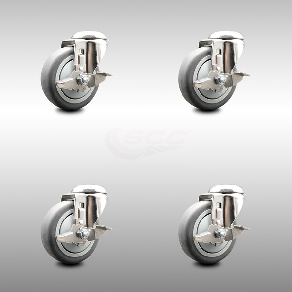 4 Inch 316SS Thermoplastic Rubber Wheel Swivel Bolt Hole Caster Set with Brake